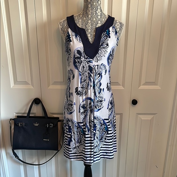 Tommy Bahama Blue and White Sundress with V-neck Sleeveless Design - Picture 1 of 16